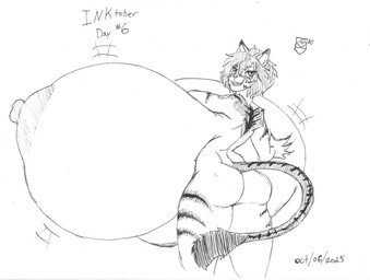 anthro areola big_areola big_breasts big_nipples biped breasts butt count crossbar_emanata day_count dipstick_ears ear_markings emanata female fur hair head_turned huge_areola huge_breasts hyper hyper_breasts looking_at_viewer looking_back looking_back_at_viewer markings multicolored_ears nipples nude solo striped_arms striped_body striped_fur striped_legs striped_markings striped_tail stripes tail tail_markings tail_tuft thick_thighs top_heavy tuft vant_talon inktober inktober_2025 zuri_(vant_talon) felid mammal pantherine tiger 2025 dated hatching_(art) hi_res pen_(artwork) shaded traditional_media_(artwork)