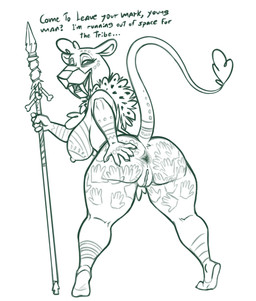 anthro anus big_breasts big_butt bottomwear breasts butt chest_tuft clothing elderly elderly_female fangs female fur_collar genitals hand_print hand_print_on_butt loincloth looking_at_viewer looking_back markings mature_anthro mature_female melee_weapon nude polearm presenting presenting_anus presenting_hindquarters pubes rear_view sabertooth_(anatomy) sagging_breasts solo spear spread_butt spreading standing tail tail_tuft talking_to_viewer teeth text tribal tribal_markings tuft vulva weapon wide_hips redout el_arca queen_oriana felid lion mammal pantherine 2026 english_text hi_res monochrome