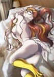 anthro anus areola bed breasts brown_hair butt eyewear feathers feet female furniture genitals glasses hair highlights_(coloring) lying on_side pussy red_eyes solo tail tail_feathers talons toes waking_up wall_(structure) winged_arms wings wood wood_wall mifa tai_l_rodriguez may_(crimsir) avian bird 2023 hi_res