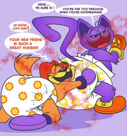 ambiguous_gender anthro bent_tail big_diaper black_sclera blush blush_lines bondage_gear bondage_gloves booties butt button_(fastener) clean_diaper clothed clothing color_coded_text dialogue diaper diaper_only duo floppy_ears footwear fur gas hand_on_diaper handwear hug hugging_another hugging_butt kneeling looking_back narrowed_eyes open_mouth open_smile orange_body orange_clothing orange_footwear orange_fur orange_handwear orange_tail pattern_diaper purple_background purple_body purple_clothing purple_footwear purple_fur purple_inner_ear purple_tail simple_background smile smoke smoke_from_mouth speech_bubble tail text topless touching_diaper wearing_diaper srbunny649 mob_entertainment poppy_playtime smiling_critters catnap_(poppy_playtime) dogday_(poppy_playtime) canid canine canis domestic_cat domestic_dog felid feline felis mammal english_text hi_res male_(lore)