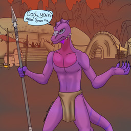 anthro bottomwear clothing loincloth male melee_weapon polearm purple_body purple_scales scales solo spear text weapon fyreblazes bethesda_game_studios microsoft morrowind the_elder_scrolls argonian scalie 1:1 english_text hi_res