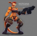 4_toes abs accessory anthro biceps big_feet biped black_nose breasts cigarette clothing ear_piercing feet female footwear fur garter gloves green_eyes grey_background gun hair handwear holding_gun holding_object holding_ranged_weapon holding_weapon looking_at_viewer muscular muscular_anthro muscular_female navel orange_body orange_fur panties paws piercing pose ranged_weapon red_hair scar shoes short_hair shotgun simple_background solo standing toes underwear weapon stoopix morgana kangaroo macropod mammal marsupial 2013