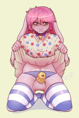 anthro balls blush blush_lines bottomwear brown_eyes chastity_cage chastity_device clothed clothing clothing_aside clothing_lift collar feet fur genitals gold_(metal) gold_chastity_cage gold_chastity_device hair humanoid_feet humanoid_hands kneeling legwear looking_down looking_down_at_genitalia looking_down_at_penis looking_down_at_self male metal_chastity_cage panties panties_aside pattern_clothing pattern_legwear pattern_thigh_highs pink_body pink_fur pink_hair plantigrade simple_background skirt skirt_lift solid_chastity_cage solo striped_clothing striped_legwear striped_thigh_highs stripes thigh_highs underwear underwear_aside wearing_chastity_cage wearing_chastity_device wearing_collar womb_tattoo yellow_background jest56 atticus_mura lagomorph leporid mammal rabbit 2022 digital_drawing_(artwork) digital_media_(artwork) hi_res nonbinary_(lore) trans_(lore) trans_woman_(lore)