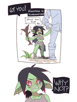 black_hair bodily_fluids bottomwear breasts clothing club_(weapon) crying dialogue duo ear_piercing female grabbing_both_legs green_body green_skin hair humanoid_pointy_ears larger_human larger_male male melee_weapon not_furry piercing pointy_ears red_eyes rejection sad sharp_teeth shortstack size_difference skirt smaller_female smaller_humanoid tears teeth text torn_clothing under_boob weapon kooni gobbo_(kooni) goblin human humanoid mammal absurd_res english_text hi_res