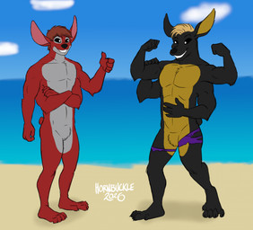 4_arms 5_fingers 5_toes anthro arm_tuft beach biped black_body black_eyes black_fur black_nose blonde_hair brown_hair chest_tuft clothing crossed_arms crotch_tuft day duo elbow_tuft featureless_chest featureless_crotch feet fingers flexing flexing_bicep flexing_both_biceps fur gesture grey_body grey_fur grin hair hand_gesture looking_at_another male multi_arm multi_limb muscular muscular_anthro muscular_male nude outside pink_inner_ear plantigrade red_body red_fur sea short_hair small_tail smile standing tail text thumbs_up toes torn_clothing tuft water yellow_body yellow_fur yellow_inner_ear hornbuckle disney lilo_and_stitch fan_character frost_(frostknight) frost_(frostknight;_experiment) alien experiment_(lilo_and_stitch) 2026 artist_name digital_drawing_(artwork) digital_media_(artwork) english_description flat_colors hi_res