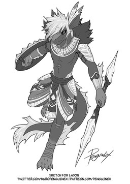 5_toes anthro bottomwear claws clothed clothing dark_sclera feet front_view glistening glistening_eyes holding_object holding_shield holding_weapon loincloth male membrane_(anatomy) midriff mouth_closed navel shield simple_background solo spread_toes tail text toes weapon webbed_feet penguinexperience ladon_(character) species_request full-length_portrait monochrome portrait signature url