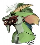 anthro black_sclera ear_piercing ears_back fangs fur gauged_ear gore green_body green_fur horn male piercing pivoted_ears side_view simple_background solo teeth white_background yellow_eyes yellow_horn famir mythology famir_(character) bovid caprine dragon furred_dragon furred_scalie goat hybrid mammal mythological_creature mythological_scalie scalie 2019 colored_sketch dated hi_res signature sketch