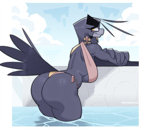 anthro beak bent_over big_breasts big_butt bikini bikini_bottom black_body black_feathers black_hair bottomwear breasts butt choker cleavage clothed clothing cloud crossed_arms ear_piercing ear_ring eyebrows eyelashes feathers feet female floating_island hair hanging_breasts huge_breasts huge_butt jewelry legs_together long_hair looking_at_viewer looking_back necklace non-mammal_breasts partially_submerged piercing pool pose presenting presenting_hindquarters rear_view ring_piercing side_boob side_view sky solo swimwear tail tail_feathers text thick_eyebrows thick_thighs toes two-piece_swimsuit under_boob underwear water wet wide_hips winged_arms wings yellow_eyes doodledox ryz_harlok avian bird corvid corvus_(genus) crow oscine passerine 2025 colored digital_media_(artwork) english_description english_text pinup portrait shaded signature three-quarter_portrait