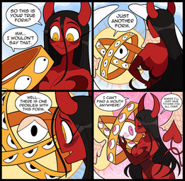 blush breasts cleavage clothed clothing cloud dialogue duo female heaven horn humor male male/female multi_eye red_body red_skin sky smile surprised tail text wings yellow_eyes idolomantises lili_(idolomantises) sera_(idolomantises) angel biblically_accurate_angel demon succubus comic english_text