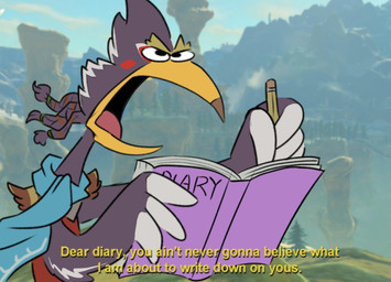 angry anthro beak black_eyes book braided_hair eyebrows feathers grey_body grey_feathers hair holding_book holding_object humor male open_mouth parody pencil_(object) scarf screencap screencap_background text tongue writing_utensil beepingbeepster breath_of_the_wild cartoon_network cow_and_chicken nintendo the_legend_of_zelda revali avian bird rito english_text hi_res meme reaction_image
