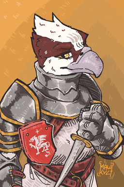 anthro armor beak belt belt_buckle brown_body brown_feathers buckle clothing dagger feathers female gauntlets gloves handwear holding_dagger holding_melee_weapon holding_object holding_weapon knight looking_at_viewer melee_weapon solo warrior weapon white_body white_feathers yellow_eyes mawkvlt avian bird 2:3 hi_res