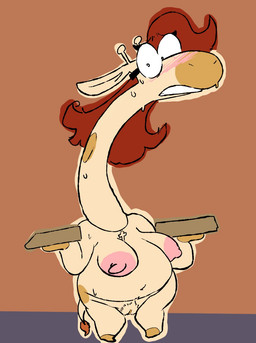 anthro areola big_areola big_breasts big_nipples blush bodily_fluids box breasts christian_cross christian_symbol container cross eyewear female genitals glasses hair holding_object hooves horn long_neck navel nipples nude ossicone pizza_box red_hair religion religious_symbol slightly_chubby slightly_chubby_female solo sweat tail tail_tuft tuft vulva the_weaver christianity pioneer's_pizza gustava_collolungo giraffe giraffid mammal hi_res