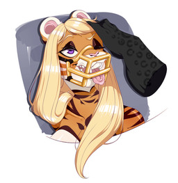 anthro blonde_hair breasts claws countershade_face countershading duo female hair long_hair muzzle_(object) muzzled pulling_hair purple_eyes smile solo_focus teeth tongue tongue_out touching_hair wire_basket_muzzle vapplepie rajah_(vapplepie) felid jaguar mammal pantherine tiger headshot_portrait hi_res portrait