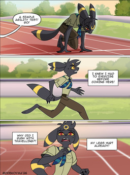4_fingers anthro anthrofied arm_tuft belt biped black_body black_claws black_ears black_eyebrows black_fur black_nose black_tail black_text bodily_fluids bottomwear brown_bottomwear brown_clothing brown_pants cast_shadow circle_(marking) claws clothing collared_shirt detailed_background dialogue digitigrade ear_markings elbow_tuft eyebrows fingers frown fur grass green_clothing green_shirt green_topwear harmony_scarf head_markings head_tuft kerchief male markings neckerchief neckwear offscreen_character open_frown open_mouth outside pants pattern_kerchief pattern_neckerchief pink_tongue plant pokemorph pupils red_eyes ring_(marking) running running_track shadow shirt sky slit_pupils solo speech_bubble striped_kerchief striped_neckerchief sweat sweatdrop tail tail_markings teeth text text_box tired tongue topwear tree tuft uniform wall_(structure) white_speech_bubble white_text_box yellow_markings yellow_sclera odeko-yma nintendo pokemon pokemon_mystery_dungeon spike_chunsoft lucky_(odeko-yma) eeveelution generation_2_pokemon pokemon_(species) umbreon 2026 absurd_res artist_name comic english_text hi_res
