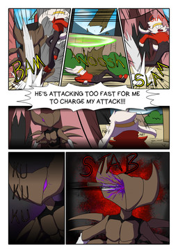 6_panel_comic ambiguous_gender anthro attack battle biped black_body black_fur black_nose black_text blade_arm blood blood_from_eye blue_body bodily_fluids brown_body claws cloud day dialogue dodging duo empty_eyes exclamation_point female fight fur gore jumping knife looking_at_another motion_lines open_mouth outside pawpads paws plant purple_eyes red_body red_fur red_text scut_tail short_tail shrub simple_background sky sliding sound_effects speech_bubble stabbed_in_eye standing tail talking_to_self text tongue tree white_body white_eyes white_fur wounded yellow_text novaarts nintendo pokemon pokemon_mystery_dungeon spike_chunsoft hopps_(novaarts) arthropod fossil_pokemon generation_1_pokemon generation_8_pokemon kabutops lagomorph mammal pokemon_(species) raboot 2025 absurd_res comic digital_media_(artwork) english_text hi_res