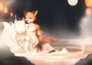 4_toes 5_fingers anthro anthro_on_anthro areola athletic athletic_anthro athletic_male balls black_claws black_nose blush blush_lines brown_body brown_ears brown_fur brown_markings brown_tail_tip claws clenched_teeth countershade_arms countershade_face countershade_fur countershade_legs countershade_neck countershade_torso countershading dipstick_ears dipstick_tail duo ear_markings ear_piercing ear_ring erection eye_contact eyebrows facial_markings feet finger_claws fingers full_moon fur genitals gloves_(marking) green_eyes grey_claws hair head_markings hot_spring humanoid_genitalia humanoid_hands humanoid_penis imminent_anal imminent_sex kemono kneeling leg_markings long_hair long_tail looking_at_another looking_at_partner male male/male male_anthro markings moon multi_tail multicolored_body multicolored_ears multicolored_fur night nipples nude nude_anthro nude_male one_eye_closed onsen open_mouth orange_body orange_fur outside pecs penis piercing pink_areola pink_nipples plantigrade pupils red_ear_tips red_markings ring_piercing sauna sitting socks_(marking) tail tail_markings teeth toe_claws toes water wet wet_body wet_fur white_balls white_body white_countershading white_eyebrows white_fur white_hair white_inner_ear white_sclera dtrreuaem juncos_(jayfeath3r) canid canine canis domestic_dog fox mammal absurd_res hi_res