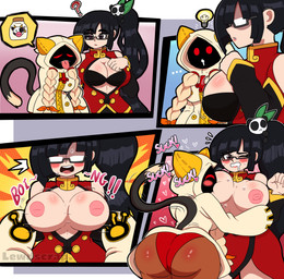 animal_tail areola assisted_exposure big_breasts big_butt black_clothing black_hair black_topwear blonde_hair blush blush_lines blush_stickers bodily_fluids braided_hair breasts butt cleavage clothed clothing dark_body dark_skin dipstick_tail dress drooling duo ellipsis erect_nipples eyelashes eyewear female female/female fur glasses grey_body grey_fur hair hoodie inverted_nipples markings nipple_fetish nipple_play nipple_suck nipples obscured_face one_eye_closed onomatopoeia panties pink_areola pink_nipples ponytail purple_eyes red_clothing red_dress red_eyes red_panties red_underwear saliva side_ponytail sound_effects speech_bubble sucking tail tail_markings tan_body tan_fur tan_skin text thick_thighs tongue tongue_out topwear underwear white_clothing white_hoodie white_topwear wide_hips lewdscrap arc_system_works blazblue litchi_faye_ling taokaka animal_humanoid cat_humanoid felid felid_humanoid feline feline_humanoid human humanoid kaka_(blazblue) mammal mammal_humanoid absurd_res comic hi_res
