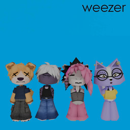 alternative_fashion angel_fangs_piercing anthro belt bikini black_eyewear black_glasses blue_background blue_bottomwear blue_clothing blue_jeans blue_pants blue_shirt blue_topwear bottomless bottomwear cargo_pants clothed clothing covered_eyes denim denim_bottomwear denim_clothing dotted_eyebrows dumb_look ear_piercing eyeliner eyewear facial_piercing female fishnet_clothing fur glasses glistening glistening_eyes gold_piercing grey_body grey_bottomwear grey_clothing grey_fur grey_pants group hair hidden_thong industrial_piercing jeans lip_piercing logo low_poly makeup male markings off_shoulder off_shoulder_shirt pants piercing pink_bottomwear pink_clothing pink_hair pink_pants pose purple_body purple_fur round_glasses scene_(fashion) shirt silver_piercing simple_background snakebite_piercing sparkles sparkling_eyes spots spotted_body spotted_fur standing star_(marking) swimwear tan_body tan_fur tan_hair tank_top tired topwear two-piece_swimsuit white_hair x_eyes yellow_clothing yellow_shirt yellow_topwear pictoexclamationmark mythology weezer weezer_(blue_album) clyde_(unconscious) kaida_(wetkaida) milo_(woofyou) vtec_(pictoexclamationmark) aquatic canid canine canis domestic_dog dragon fish hybrid mammal mephitid mythological_creature mythological_scalie requiem_shark scalie shark skunk tiger_shark 1:1 3d_(artwork) album_cover blender_(artwork) cover digital_media_(artwork) trans_(lore) trans_woman_(lore)