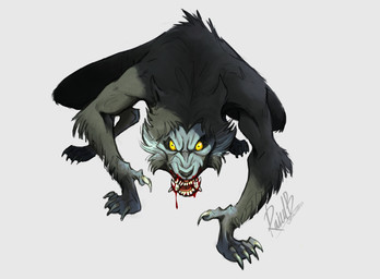 after_transformation anthro black_body black_fur blood blood_in_mouth bodily_fluids claws fur grey_body grey_fur looking_at_viewer male open_mouth quadruped sharp_teeth simple_background snarling solo teeth white_background yellow_eyes rainillustrates an_american_werewolf_in_london mythology canid canine mammal mythological_canine mythological_creature werecanid werecanine werecreature werewolf absurd_res hi_res signature