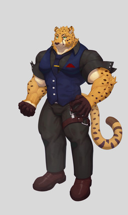 accessory anthro barazoku biped black_clothing black_shirt black_topwear blue_clothing blue_topwear blue_vest bottomwear brown_body brown_fur clothed clothed_anthro clothed_male clothing fingers fist footwear front_view fur green_eyes grey_background grey_bottomwear grey_clothing grey_pants hand_on_hip humanoid_hands male markings muscular muscular_anthro muscular_arms muscular_legs muscular_male necktie orange_body orange_fur pants pose shirt shoes simple_background smile solo spots spotted_markings standing striped_markings stripes tail tan_body tan_fur topwear vest ronci arcane_shop elred_(arcane_shop) cheetah felid feline mammal 2025 absurd_res colored full-length_portrait hi_res portrait shaded