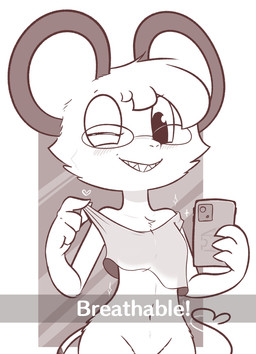 anthro bottomless breasts cellphone clothed clothing clothing_pull electronics eyewear female glasses heart_symbol mostly_nude navel one_eye_closed phone shirt shirt_pull small_breasts smartphone solo tank_top teasing topwear topwear_pull wink theartmanor molte mammal mouse murid murine rodent hi_res