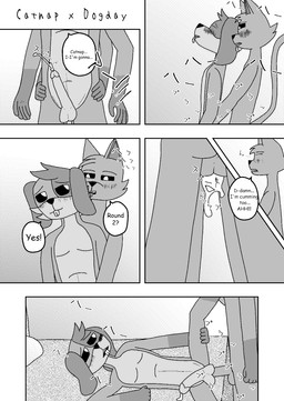 5_fingers anthro balls bed big_balls big_penis black_sclera blush bodily_fluids cum cum_in_ass cum_inside cumshot dialogue duo ejaculation fingers fur furniture genital_fluids genitals humanoid_genitalia humanoid_penis long_tail lying lying_on_bed male male/male manga_style multicolored_body multicolored_fur on_bed orgasm penis speech_bubble tail text tongue tongue_out murasakine_fox mob_entertainment poppy_playtime smiling_critters catnap_(poppy_playtime) dogday_(poppy_playtime) canid canine canis domestic_cat domestic_dog felid feline felis mammal comic english_text hi_res japanese_text monochrome screentone