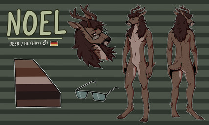anthro butt eyewear fur glasses hair hooves horn long_hair male markings solo spots spotted_body spotted_fur assontoast noel_(mr_doc) deer mammal 5:3 hi_res model_sheet
