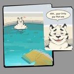 1:1 anthro black_stripes blue_pupils blush brown_pupils clothing comic_sans dialogue english_text felid frost_byte fur gato_matero heterochromia hi_res male mammal open_mouth pantherine pupils solo stripes swimming_pool swimming_trunks swimwear text tiger white_body white_fur