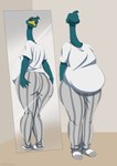 anthro beak belly big_belly big_butt bottomwear butt clothed clothing feathers footwear front_view half-closed_eyes hand_on_butt head_turned looking_at_reflection looking_at_self male mirror narrowed_eyes obese obese_anthro obese_male overweight overweight_anthro overweight_male pants rear_view shirt socks solo standing topwear tommysamash beastars dom_(beastars) avian bird galliform indian_peafowl peafowl phasianid 2023 absurd_res hi_res signature