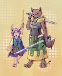 anthro armor bottomwear cloak clothed clothing fantasy fur furgonomics hair katana male melee_weapon rapier skirt sword tail tail_through_skirt weapon kinkykenku canid canine canis hare lagomorph leporid mammal rabbit wolf hi_res