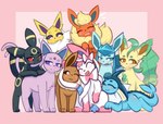 bow_(anatomy) female forehead_gem forked_tail gem group ribbons_(anatomy) tail unusual_anatomy unusual_tail ninebuttom nintendo pokemon eevee eeveelution espeon flareon generation_1_pokemon generation_2_pokemon generation_4_pokemon generation_6_pokemon glaceon jolteon leafeon mammal pokemon_(species) sylveon umbreon vaporeon