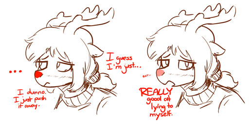 anthro antlers bodily_fluids broken_heart clothing confession crying dialogue ears_down female hair horn long_hair looking_aside looking_at_viewer pivoted_ears ponytail red_nose red_text sad snout solo sweater tears teary_eyes text topwear the-minuscule-task rue_(the-minuscule-task) cervine deer mammal new_world_deer reindeer 2020 hi_res