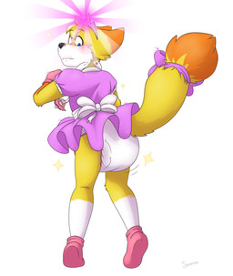 accessory anthro blue_eyes blush booties bow_ribbon clothed clothing crossdressing crown diaper dipstick_tail dress femboy feminization fur furgonomics headgear magic male markings orange_body orange_fur pacifier princess_dress ribbons shirt simple_background solo sparkles standing tail tail_accessory tail_bow tail_markings tail_ribbon tiara topwear white_body white_fur yellow_body yellow_fur bunana canid canine fennec_fox fox mammal true_fox hi_res
