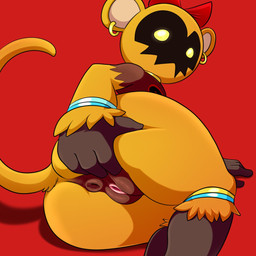 accessory anthro anus big_butt biped bow_(feature) bow_accessory bow_ribbon bracelet brown_body brown_fur butt centered_hair_bow ear_piercing female fur genitals hair_accessory hair_bow hair_ribbon jewelry looking_at_viewer looking_back lying on_side piercing pose presenting presenting_anus presenting_hindquarters presenting_vulva puffy_anus raised_tail red_background ribbons simple_background solo tail thick_thighs vulva yellow_body yellow_eyes yellow_fur lonbluewolf disney kingdom_hearts square_enix bouncywild haplorhine heartless mammal monkey primate 1:1 2016 digital_media_(artwork) hi_res
