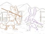 anthro armor barefoot barrel belt clothed clothing detailed_background duo feet female fight greaves holding_object holding_weapon male melee_weapon mountain polearm shield shin_guards spaulder spear standing targe weapon tggeko disney zootopia judy_hopps nick_wilde canid canine fox lagomorph leporid mammal rabbit red_fox true_fox 4:3