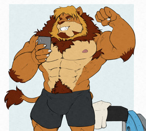 abs anthro armpit_hair body_hair bottomwear brown_mane cellphone clothed clothing electronics flexing fur grin male mane muscular muscular_anthro muscular_male navel nipples phone pubes shorts smartphone smile solo tail tan_body tan_fur topless topless_anthro topless_male sharkykelp brice_matthews felid lion mammal pantherine hi_res story story_in_description