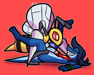 antennae_(anatomy) anthro anthro_on_feral anthro_penetrated balls bestiality black_body black_exoskeleton black_stripes blade_arm blue_balls blue_body blue_hair blue_penis blue_scales clothing duo erection exoskeleton eyes_closed eyewear feral feral_penetrating feral_penetrating_anthro fingerless_gloves genitals glans glasses gloves green_clothing green_gloves green_handwear grey_antennae grey_eyewear grey_glasses grin hair handwear humanoid_genitalia humanoid_penis insect_wings interspecies kerchief looking_pleasured male male/male male_penetrated male_penetrating male_penetrating_male motion_lines penetration penis pink_glans red_background red_kerchief red_sclera scales sex sharp_teeth simple_background smile stinger striped_body striped_exoskeleton stripes teeth thrusting wings yellow_body yellow_exoskeleton yellow_kerchief ultilix nintendo pokemon ulti_(ultilix) arthropod beedrill generation_1_pokemon lizard pokemon_(species) reptile scalie 2026