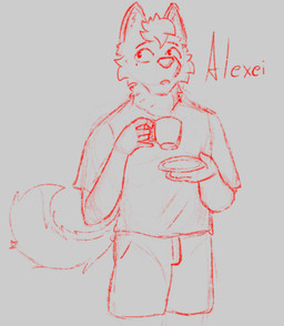 anthro bottomwear clothed clothing container cup fur hair holding_container holding_cup holding_mug holding_object holding_plate male mug pants plate shirt solo standing t-shirt tail text topwear anders_285 canid canine canis domestic_dog husky mammal nordic_sled_dog siberian_husky spitz 2025 character_name monochrome sketch traditional_media_(artwork)
