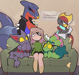 anthro big_breasts breasts cigarette clothing curvy_figure cute_fangs eye_patch eye_scar eyelashes eyeshadow eyewear facial_scar fangs female female_anthro female_human furniture group holding_cigarette holding_object long_tail makeup mascara non-mammal_breasts on_sofa pincers plant purple_body scar sitting sitting_on_sofa smoking smoking_cigarette sofa sweater tail teeth text thick_tail topwear turtleneck wide_hips wounded yellow_eyes nelljoestar nintendo pokemon bisharp elemental_creature flora_fauna garchomp generation_4_pokemon generation_5_pokemon gliscor human humanoid mammal maractus pokemon_(species) scalie english_text hi_res