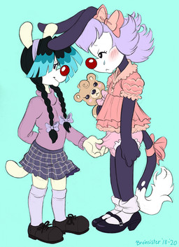 accessory anthro biped black_clothing black_footwear black_hair black_shoes blush blush_lines bottomwear bow_ribbon braided_pigtails clothed clothing crossdressing dipstick_tail dot_eyes duo erection female footwear furgonomics genitals grey_highlights hair hair_accessory hair_bow hair_over_eye hair_ribbon hand_on_penis highlights_(coloring) holding_object holding_plushie holding_teddy_bear long_hair looking_at_another looking_at_partner male male/female markings panties penis pink_clothing pink_hair pink_panties pink_sweater pink_topwear pink_underwear plushie red_nose ribbons short_hair side_view simple_background simple_eyes skirt socks standing sweater tail tail_accessory tail_bow tail_markings tail_ribbon tail_tuft teddy_bear tenting toony topwear tuft turtleneck underwear white_body white_markings young young_anthro young_female young_male young_on_young brainsister inkblot 2025 hi_res trans_(lore) trans_woman_(lore)