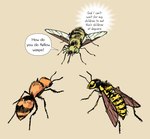 6_legs ambiguous_gender antennae_(anatomy) dialogue feral fur green_eyes group humor insect_wings orange_body orange_fur proboscis_(anatomy) simple_background speech_bubble striped_body striped_fur stripes tan_background thought_bubble thoughts trio wings yellow_body yellow_fur bedupolker how_do_you_do_fellow_kids arthropod bee_fly fly_(animal) hymenopteran insect velvet_ant vespid wasp yellowjacket_(wasp) absurd_res hi_res