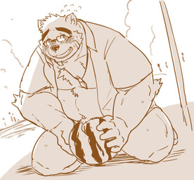 anthro belly blush clothed clothing eyewear food fruit glasses humanoid_hands kemono male melon navel open_clothing open_shirt open_topwear overweight overweight_male plant shirt solo topwear watermelon moku_nameko lifewonders tokyo_afterschool_summoners volos_(tas) bear mammal 2023 sketch