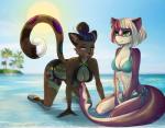 all_fours anthro beach bikini breasts cleavage clothed clothing dipstick_tail duo female green_eyes hair hair_bun inner_ear_fluff kneeling markings multicolored_hair multicolored_tail navel non-mammal_breasts outside partially_submerged purple_eyes seaside short_hair smile swimwear tail tail_markings tongue tongue_out tuft two-piece_swimsuit white_tail_tip cardinal_screen zeir0 felid fish mammal marine shark 2017 artist_collaboration