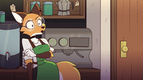 4_fingers anthro apron arm_tuft beverage black_eyes bottomwear breasts choker close-up clothed clothed_anthro clothed_female clothing coffee coffee_cup coffee_shop container cup delivery_(commerce) delivery_employee detailed_background digitigrade dipstick_tail disgust door door_handle doorknob ear_piercing ear_ring electronics eyebrows eyelashes eyewear female female_anthro fingers frown fur glasses green_apron green_clothing half-closed_eyes inner_ear_fluff inside jewelry looking_at_viewer markings monitor narrowed_eyes necklace open_mouth orange_body orange_fur piercing ring_piercing round_glasses scowl shirt shorts shoulder_tuft solo tail tail_markings talking_to_viewer teeth three-quarter_view topwear tuft wearing_glasses white_body white_fur animatedmau other_side rey_(animatedmau) canid canine fox mammal 16:9 2025 animated digital_media_(artwork) half-length_portrait portrait widescreen