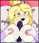 2018 animal_crossing anthro blonde_hair blush breast_play breasts canid canine canis digital_media_(artwork) domestic_dog duo fellatio female fur genitals hair hi_res isabelle_(animal_crossing) lying male male/female mammal nintendo nipples not_safe_for_reality nude on_back open_mouth oral penile penis sex shih_tzu smile text titfuck toy_dog yellow_body yellow_fur