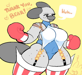 ambiguous_gender anthro big_breasts blue_clothing blue_leotard boxing_gloves breasts clothed clothed_anthro clothed_female clothing dialogue duo exclamation_point female female_anthro freckled_face freckled_legs freckled_shoulders freckled_thighs freckles fur grey_body grey_fur hair hair_over_eyes handwear heart_symbol legwear leotard open_mouth pattern_clothing pattern_legwear pattern_stockings simple_background solo solo_focus speech_bubble standing star stockings striped_clothing striped_legwear striped_stockings stripes text thick_thighs thigh_highs wide_hips yellow_background newtype_hero mizu_(onetiredbear) beaver mammal rodent 2020 digital_drawing_(artwork) digital_media_(artwork) english_text
