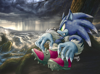 anthro big_hands blue_body blue_fur claws clothing detailed_background finger_claws footwear fur green_eyes looking_into_the_distance male plant pupils quills_(anatomy) red_clothing red_footwear red_shoes sharp_teeth shoes side_view sitting slit_pupils solo spiked_clothing spiked_footwear spiked_shoes spikes teeth tree white_body white_fur kayllacat sega sonic_the_hedgehog_(series) sonic_unleashed sonic_the_hedgehog sonic_the_werehog eulipotyphlan hedgehog mammal werecreature wereeulipotyphlan werehog hi_res meme shaded signature