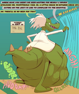 3_toes 4_fingers abdominal_bulge belly belly_touching_floor big_belly biped blorp claws clothing coat curtains doctor eyewear feet fingers glasses green_body hair huge_belly lab_coat male mass_vore multiple_prey offscreen_character sound_effects speech_bubble spiked_tail spikes spikes_(anatomy) tail tally_marks text toe_claws toes topwear vore white_hair sharkavian planet_sketch doctor_inosaur_(planet_sketch) dinosaur prehistoric_species reptile scalie absurd_res english_text hi_res