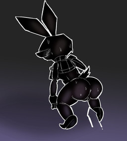 anthro anus bedroom_eyes bending_down big_butt black_body black_skin bodily_fluids breasts bulge butt clothed clothing detailed_bulge ears_up exposed_breasts female genital_outline genitals looking_back narrowed_eyes nipples penis_outline seductive solo sweat tail tail_tuft thick_thighs tuft vulva blackbeet vib-ribbon vibri lagomorph leporid mammal rabbit hi_res