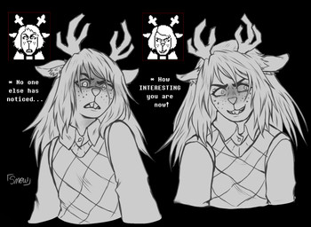 anthro antlers black_background buckteeth clothed clothing crazy_eyes dialogue evil_look eyelashes female female_anthro freckles front_view fully_clothed grin hair horn inner_ear_fluff long_hair looking_at_viewer reference_inset simple_background smile snowgrave solo teeth text topwear tuft vest thesnowflake18 deltarune undertale_(series) noelle_holiday deer mammal new_world_deer reindeer 2026 digital_drawing_(artwork) digital_media_(artwork) english_text expression_sheet greyscale half-length_portrait hi_res monochrome multiple_images portrait reference_image signature